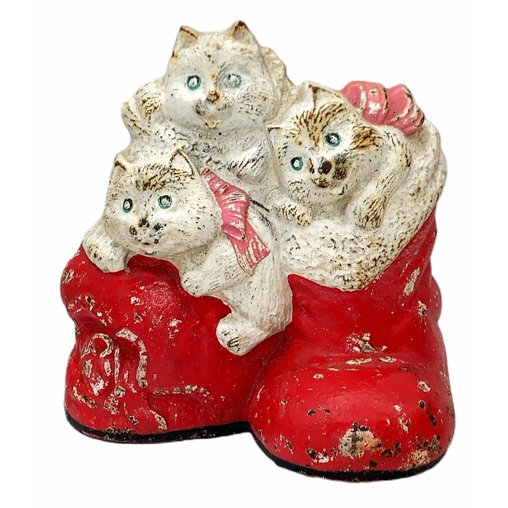 Cast Iron Doorstop Kittens in Santa Style Boots Primitive Chippy Shabby Vintage
